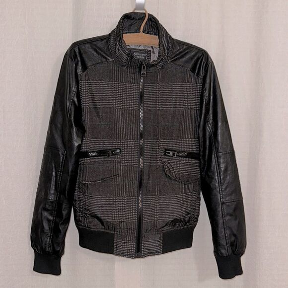 Guess S Moto Bomber Jacket Plaid Nylon Leather Combo Full Zip Multiple Pockets - Picture 1 of 12